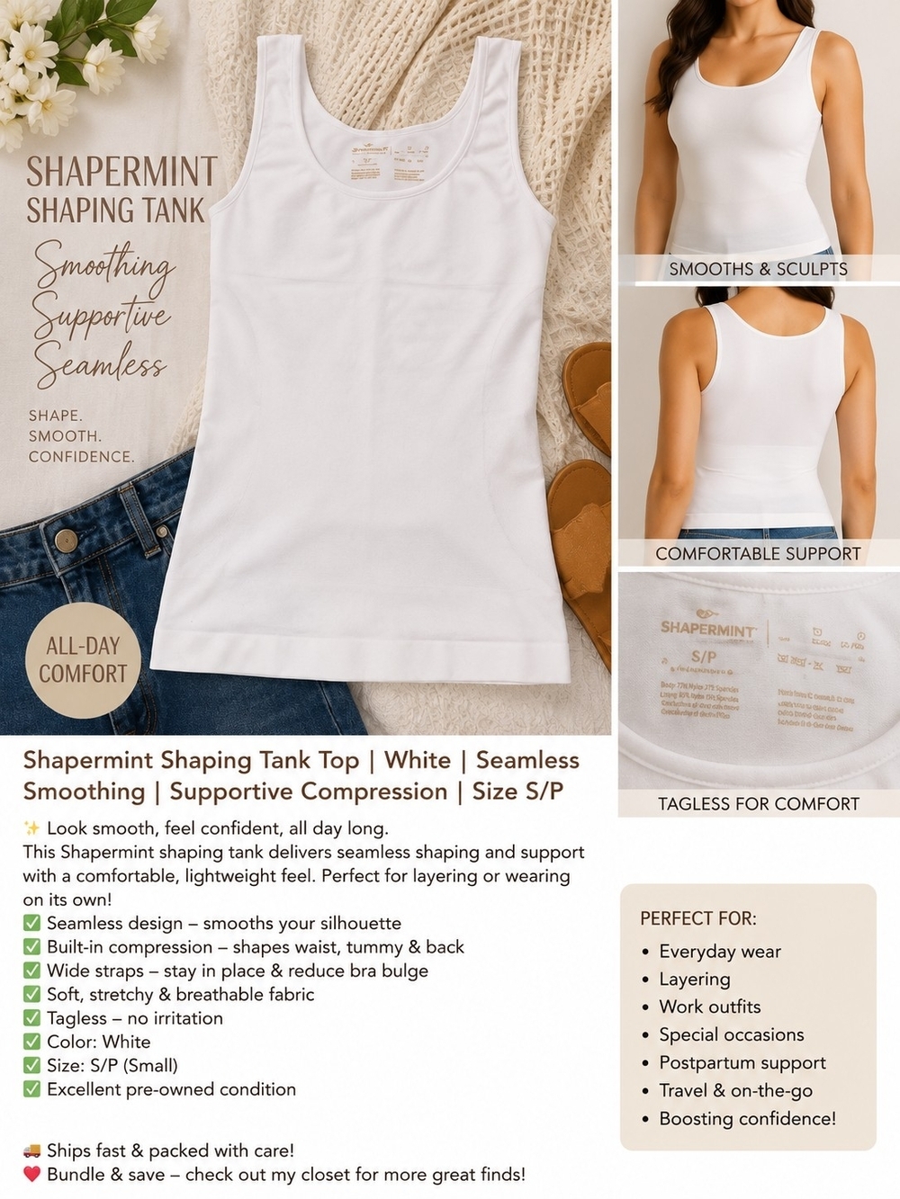 Shapermint White Shaping Tank Top Seamless Compression Shapewear Cami Smoothing